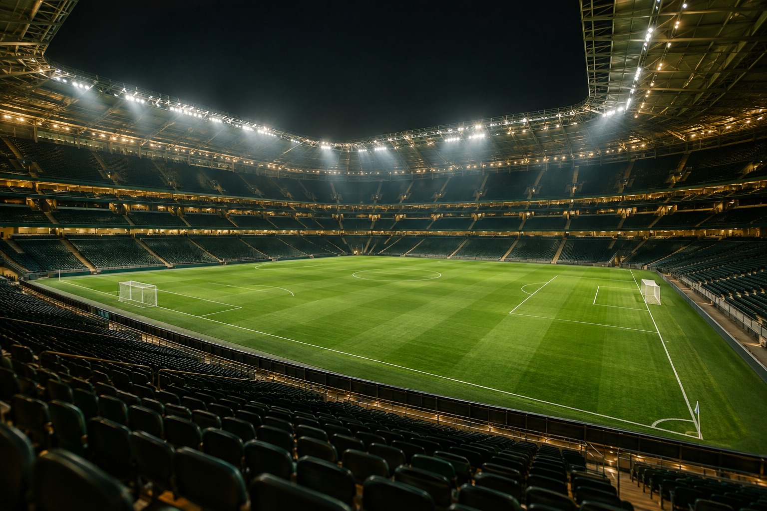 Stadion de fotbal luminat seara, pregătit pentru meci
